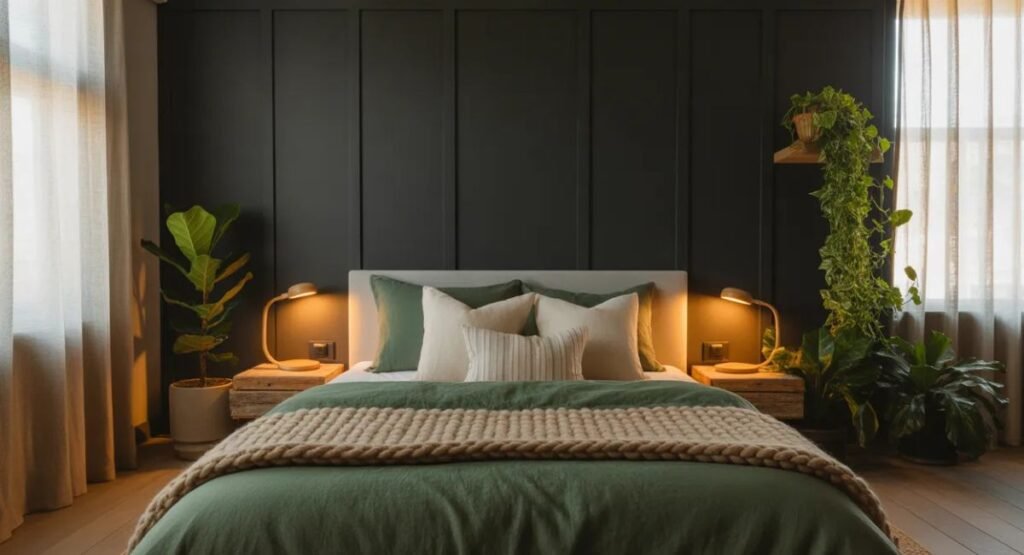 Dark nature aesthetic bedroom with charcoal walls, forest green bedding, warm lighting, and natural elements like wood and plants.