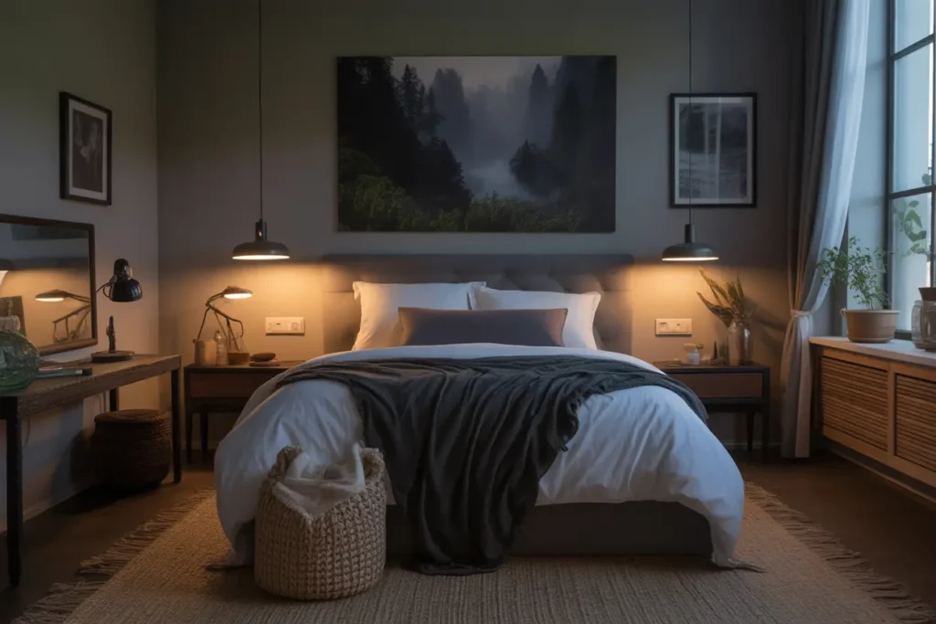 Cozy bedroom with dark nature-inspired decor, featuring earthy tones, wooden furniture, and green plants for a moody aesthetic.