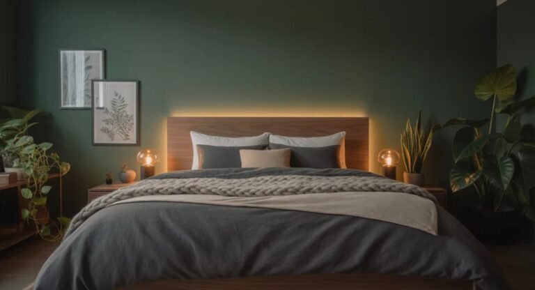 Moody dark nature aesthetic bedroom with forest green wall, warm layered lighting, walnut wood textures, and botanical accents