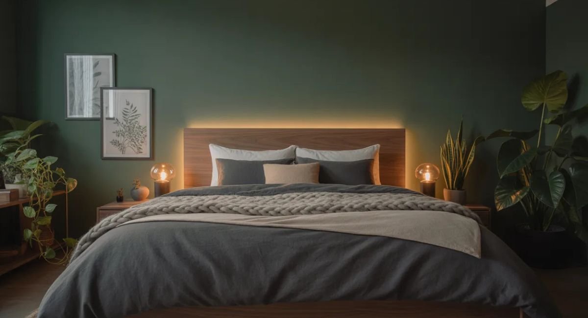 Moody dark nature aesthetic bedroom with forest green wall, warm layered lighting, walnut wood textures, and botanical accents