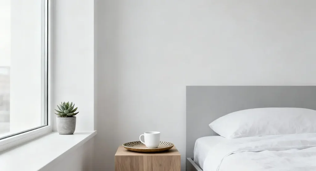 Decluttered minimalist bedroom with clear surfaces, creating a serene and organized space before making any purchases.