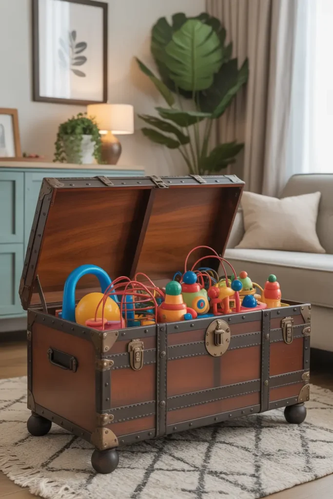 Vintage-style toy storage trunk in a living room, providing both decorative charm and practical toy storage.