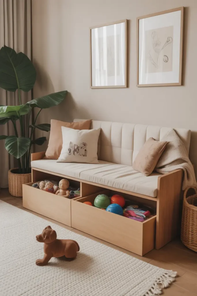 Multi-functional toy storage bench providing seating and concealed storage for toys in a stylish living room.
