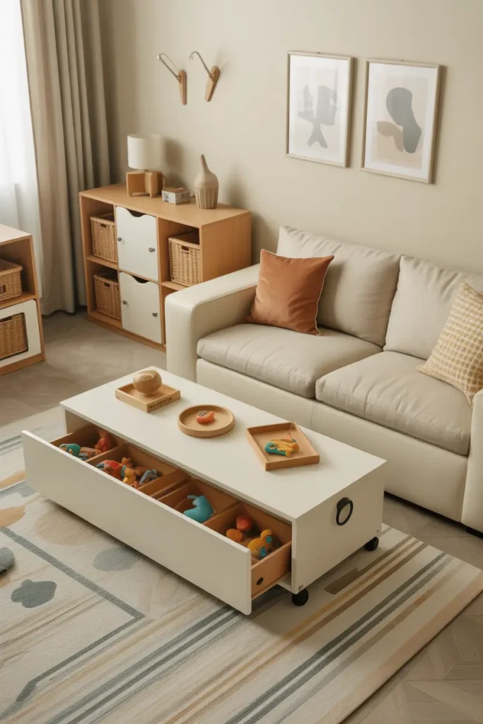 Multifunctional furniture in a shared living space, providing both seating and toy storage to maximize space and organization.
