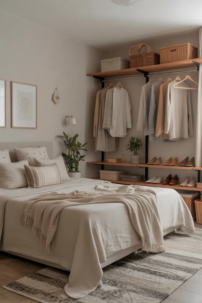 Scandinavian-inspired bedroom with an open wardrobe featuring wooden shelves and hanging space. Neutral-toned linen bedding, layered rugs, potted plants, and simple wall art. Soft natural light highlights organized clothing, shoes, and decorative storage boxes. Eye-level wide shot showing functional storage, clean lines, and a stylish, Pinterest-ready bedroom emphasizing practicality and visual appeal.