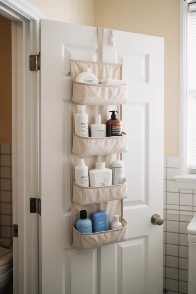 Over-the-door bathroom organizer with shampoo and toiletries on a dorm room door — affordable college bathroom storage idea