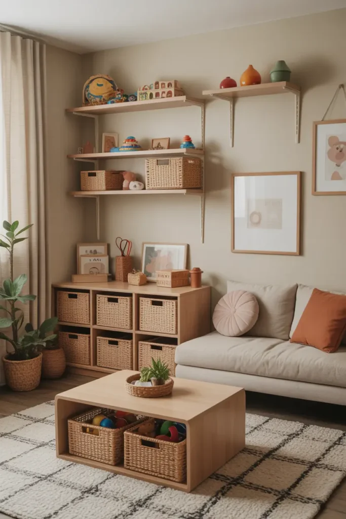 Compact living room with smart toy storage solutions like wall-mounted shelves and stackable bins, perfect for small spaces.