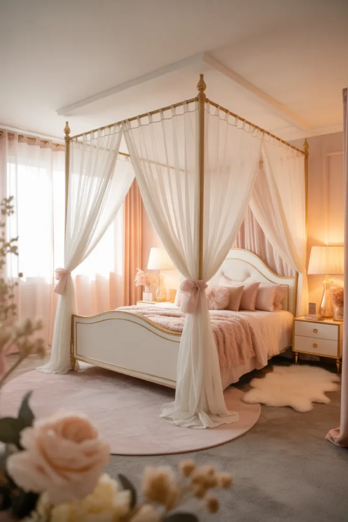 A luxury kids bedroom with a white and gold canopy bed draped in soft sheer ivory fabric, styled in a modern glam interior. Warm golden light filters through sheer curtains, casting a gentle glow across blush pink and cream tones. Plush velvet bedding, a faux fur rug, and gold nightstands complete the look. Wide shot with foreground florals and layered decor. Dreamy, elegant, and magical mood.