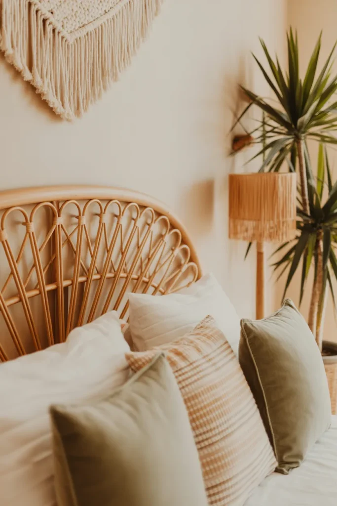 A Boho-chic bedroom corner featuring a curved honey-toned rattan headboard against a soft cream wall. Diffused natural light emphasizes the intricate weave and textures of a macrame wall hanging and potted palm plant. The color palette is warm neutrals and sage green, captured from a styled side angle with a focus on organic materials and cozy layering.