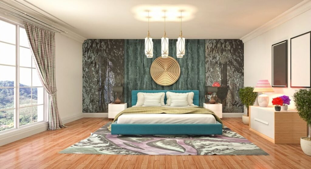 Small studio futon bedroom with low bed and wooden sliding panel divider, soft lighting, and modern minimalist decor