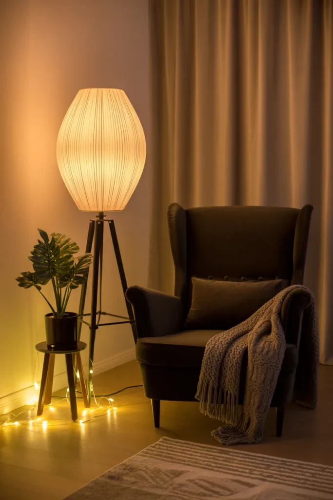 A reading nook with a soft glowing floor lamp, string lights draped around a small indoor plant, and a dark velvet armchair with a knitted throw, creating a warm moody atmosphere.