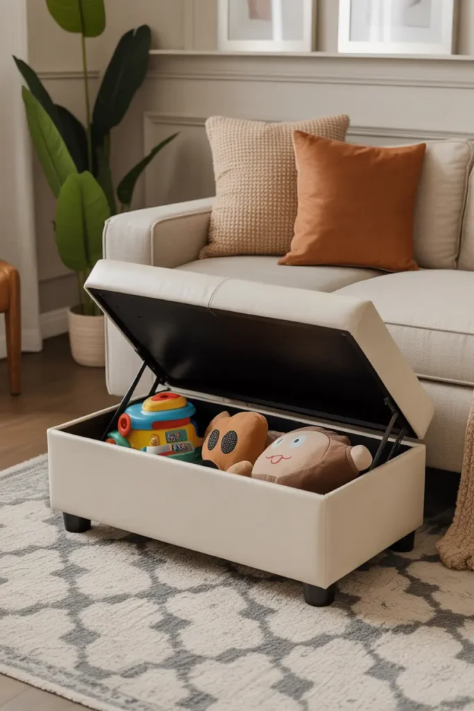 Stylish storage ottoman in a cozy living room, offering extra seating and toy storage, keeping the space organized.