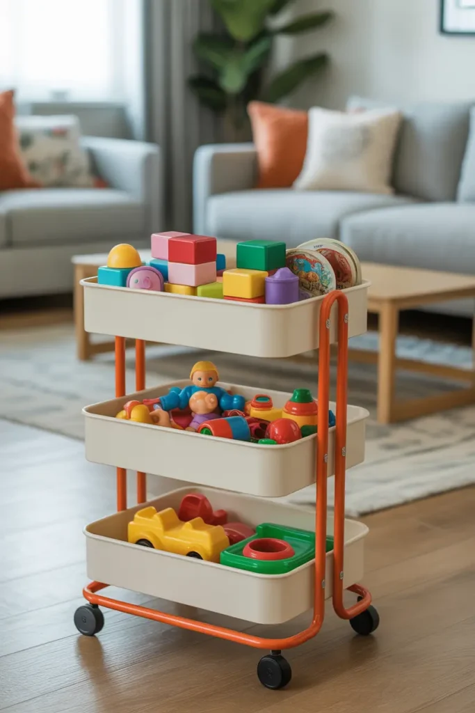 Rolling toy storage cart in a modern living room, offering easy access to toys while maintaining a tidy space.