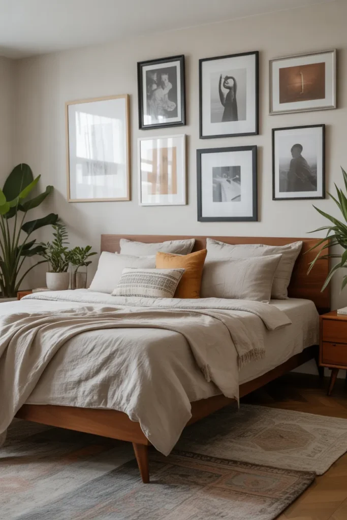 Contemporary bedroom with a curated gallery wall above a mid-century wooden bed. Soft diffused natural light highlights framed artwork in black and white, warm-toned photographs, and minimalist prints. Linen bedding, layered rugs, and potted plants add texture. Eye-level wide shot capturing the wall as a focal point, cozy layered corner, and visually balanced layout with styled decor.