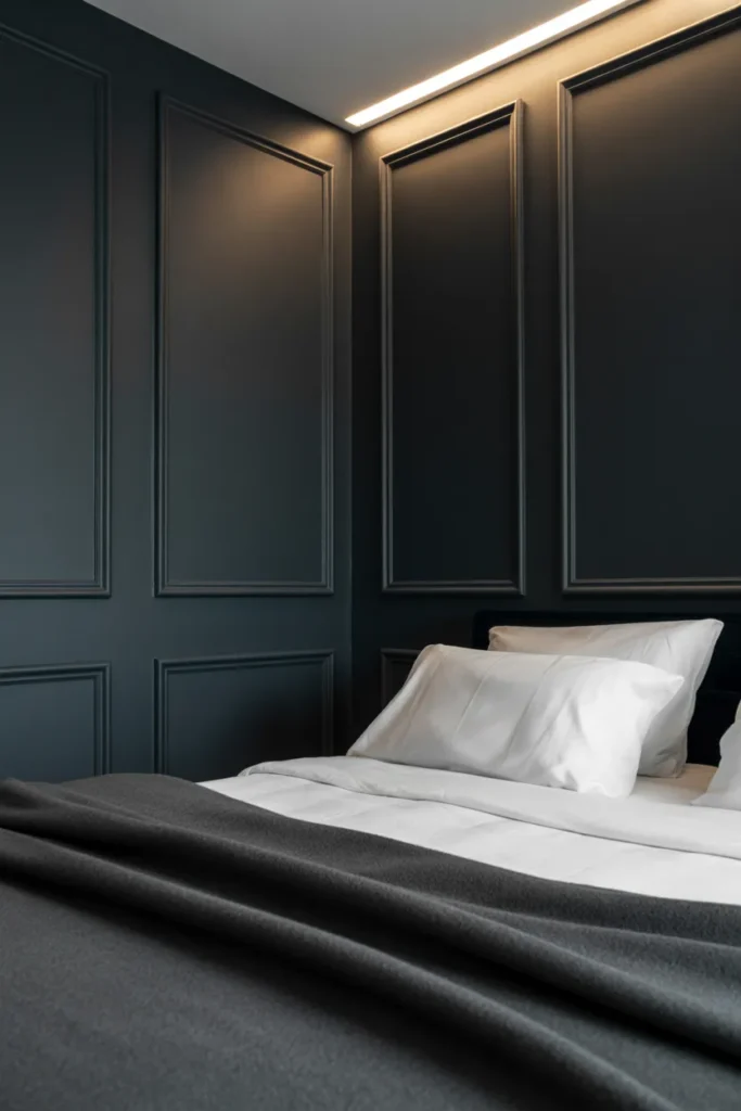 A sleek, modern bedroom with a deep charcoal grey feature wall. The wall has thin, decorative wooden molding in a grid pattern, all painted in the same dark matte finish. The bed has crisp white cotton sheets and a heavy charcoal wool blanket. Soft, warm light from a hidden LED strip at the ceiling line. Sophisticated, bold, and architectural mood.