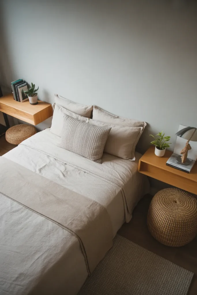 Scandinavian-inspired bedroom with floating wooden nightstands on either side of a neutral linen bed. Soft diffused daylight highlights minimalist decor: small potted plants, books, and a table lamp. Textured area rug and woven basket add warmth. Eye-level wide shot showing clean lines, layered textures, and an open, airy space with modern, functional, Pinterest-ready styling.