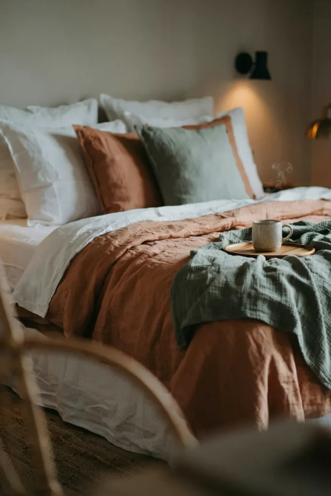 A styled close-up shot of a luxurious, modern organic bedroom bed setup. The color palette is a mix of earthy terracotta, sage green, and crisp white. The bed features heavily textured flax linen sheets, a crinkled duvet folded back, and an abundance of oversized down pillows. Warm ambient glow from an adjustable matte black wall sconce illuminates the rich fabric folds and realistic textile grain. A small oak tray with a ceramic mug rests on the corner of the mattress. The mood is incredibly cozy, inviting, and tactile. 