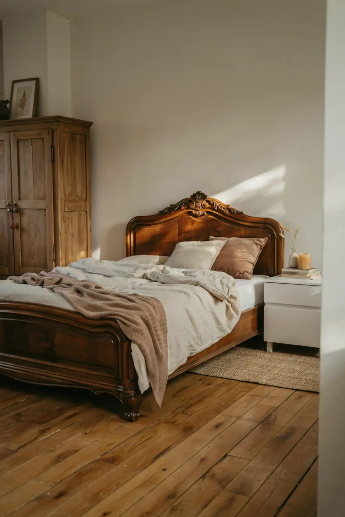 Modern vintage bedroom with carved antique wooden bed frame, vintage armoire with brass hardware, minimalist nightstand, warm cream and brown tones, cozy timeless bedroom decor