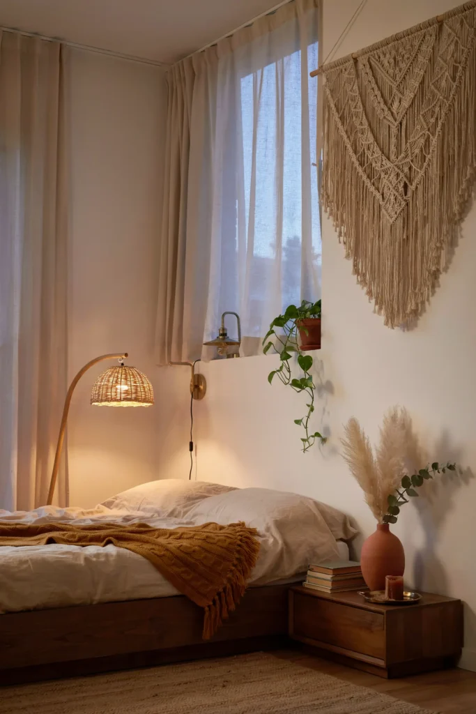 A styled eye-level shot of a cozy bohemian-modern bedroom corner at twilight. The color palette features rich terracotta, mustard yellow, and warm cream tones. A soft, warm ambient glow comes from a combination of a woven rattan floor lamp, a brass reading sconce, and dim overhead lighting. Real textures of a fringed macrame wall hanging and a chunky knit throw are highlighted by the layered illumination. The atmosphere is magical, intimate, comforting, and deeply inviting. 