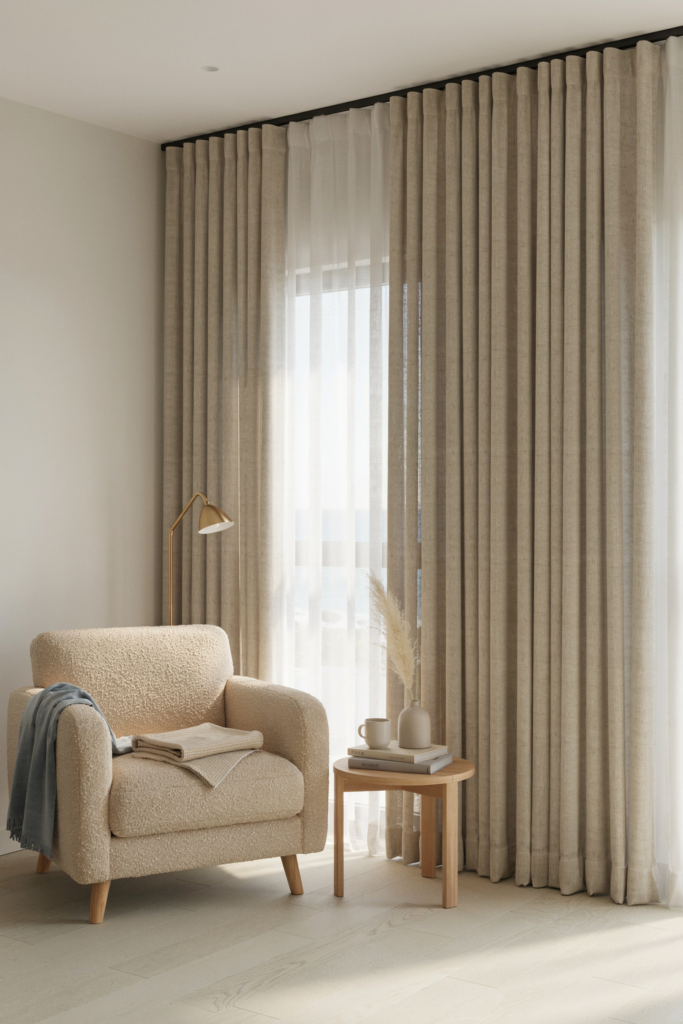 An eye-level, professional interior photography shot of a bright and airy coastal-minimalist bedroom. Floor-to-ceiling custom pinch-pleat curtains in a heavy, textured oatmeal linen hang elegantly from a concealed matte black track. The color palette features soft whites, sandy beige, and subtle slate blue accents. Bright morning light filters through sheer under-curtains, creating a soft, diffused glow across a cozy reading armchair in the foreground. The mood is incredibly breezy, sophisticated, tall, and serene. 