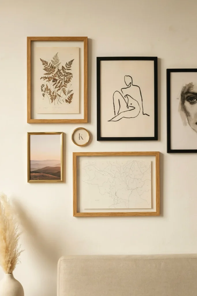 An eye-level, styled shot of a sophisticated modern organic bedroom wall. An asymmetrical gallery arrangement features various sizes of oak, black, and brass frames holding vintage sketch art, abstract line drawings, and muted landscape photography. The color palette is earthy and grounded with terracotta, charcoal, and warm cream tones. Soft ambient light from a nearby window gently highlights the texture of the matte paper prints and clean frame edges. The overall vibe is highly artistic, personalized, refined, and inspiring