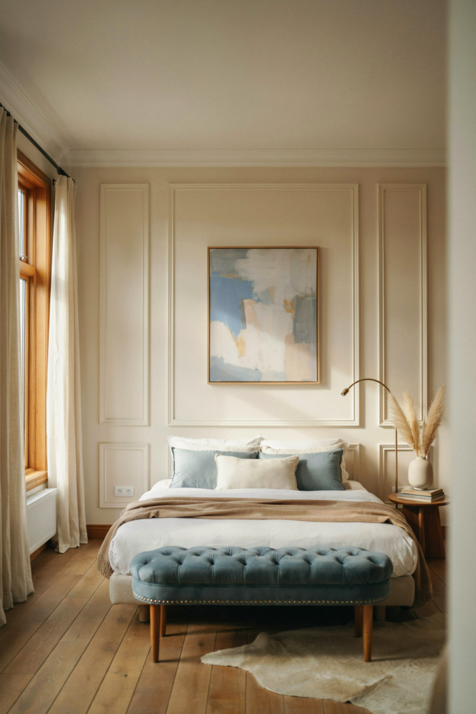 A wide-angle, styled shot of a classic transitional bedroom showcasing elegant picture frame wall moulding. The color palette is a sophisticated mix of dusty blue, cream, and rich walnut wood. Natural light from a tall window casts soft shadows across the delicate wall panels and a tailored tufted bench in the foreground. A simple modern abstract painting is perfectly framed within the central wall moulding above the bed. The atmosphere is historic, refined, timeless, and artistic