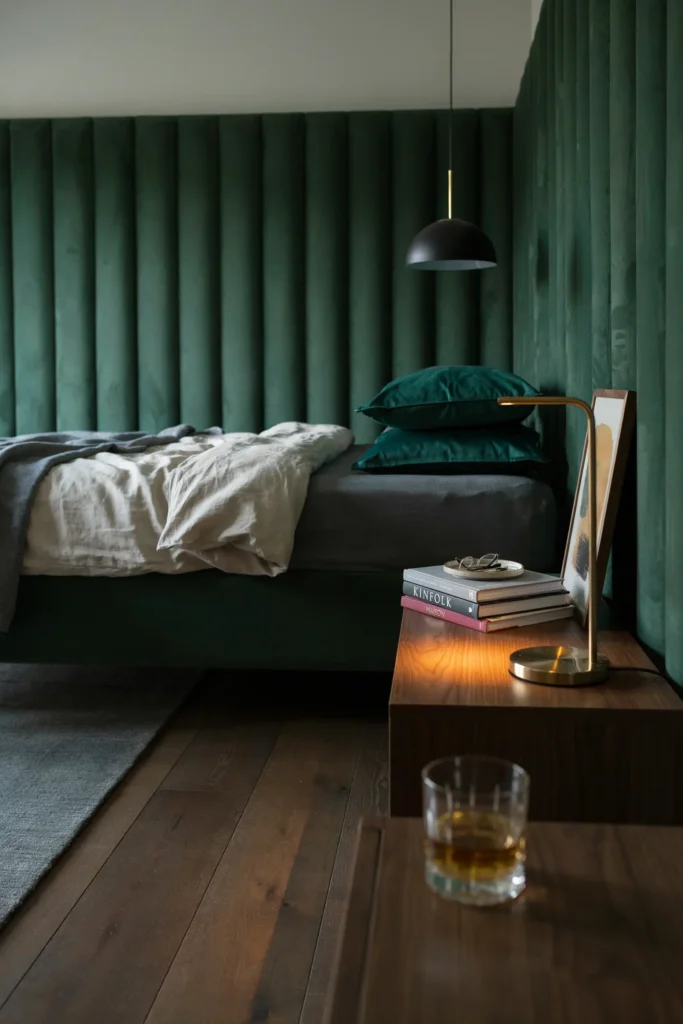 An eye-level, styled corner shot of a sophisticated modern luxury bedroom. The focus is a grand, channel-tufted headboard in deep forest green velvet, stretching high up the wall. The color palette is rich and moody, featuring charcoal, emerald, and brass accents. Soft ambient light from a sleek, hanging pendant lamp highlights the plush velvet texture and deep fabric folds. A nightstand with a brass lamp and a stack of art books sits neatly in the foreground. The mood is opulent, comforting, and visually striking. 