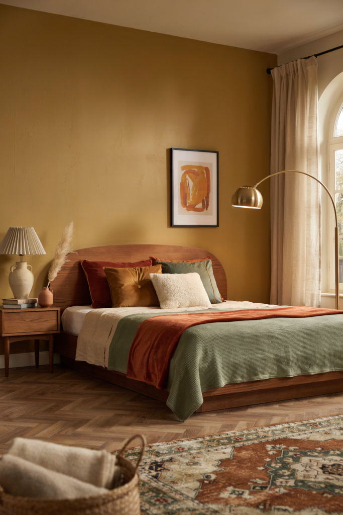Retro color palette bedroom idea with mustard yellow walls, sage green and burnt orange accents, velvet cushions, warm earthy vintage tones, cozy modern vintage bedroom decor