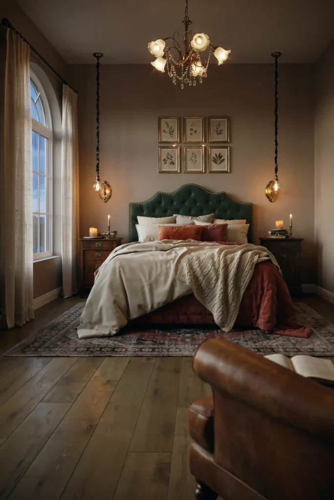 Vintage lighting fixtures in a modern vintage bedroom — Edison bulb pendants, brass chandelier, antique wall sconces, warm amber glow, cozy timeless bedroom decor