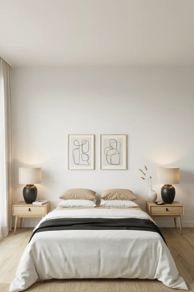 A wide, balanced shot of a serene minimalist bedroom showcasing perfect symmetry. Two identical light oak nightstands flank a low platform bed. The color palette is soft white, warm sand, and matte black. Large, matching ceramic table lamps with linen shades sit on each table, casting a warm ambient glow. Twin abstract line art pieces hang perfectly aligned above each side. Natural light softly filters through from the side, creating a clean, balanced, and deeply peaceful atmosphere