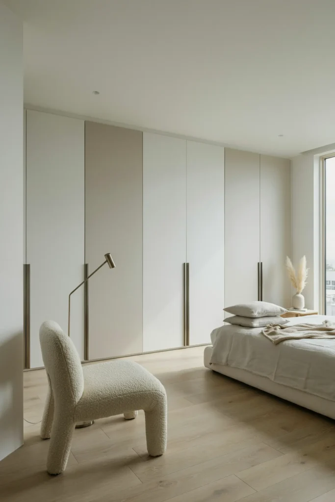 An eye-level, professional interior photography shot of a seamless, modern minimalist bedroom featuring floor-to-ceiling built-in wardrobes. The color palette is monochromatic with soft greys, matte white, and brushed nickel hardware. The wardrobe doors are smooth, flat-panel, and perfectly flush with the wall. Soft diffused morning light glides across a luxurious bouclé accent chair positioned in the foreground. The background reveals an immaculate, architectural layout. The overall mood is incredibly clean, organized, sophisticated, and airy