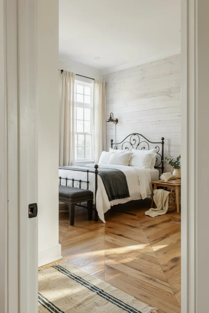 A wide camera angle shot of a bright, modern farmhouse bedroom showcasing beautiful chevron oak wood flooring. The color palette centers around warm wood tones, charcoal grey accents, and bright white walls. Natural light floods the space from a large window, highlighting the detailed wood grain and realistic soft shadows. A classic wrought iron bedframe sits elegantly on the floor, complemented by a distressed vintage runner rug in the foreground. The overall atmosphere is historic, grounded, clean, and filled with character. -