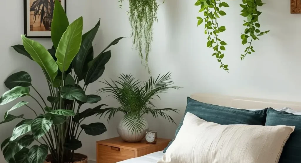 Indoor plants, including a snake plant and hanging fern, bringing natural beauty and a calming vibe to the bedroom.