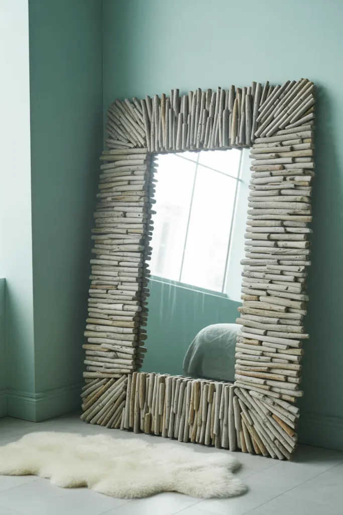 A large, statement-piece mirror featuring a frame made from hundreds of small, interlocking pieces of sun-bleached driftwood. The mirror is leaning against a soft teal wall in a bright bedroom corner. Soft, diffused morning light highlights the silver and gray tones of the wood. The surrounding floor has a simple white sheepskin rug. Captured in a high-resolution, eye-level close-up shot.
