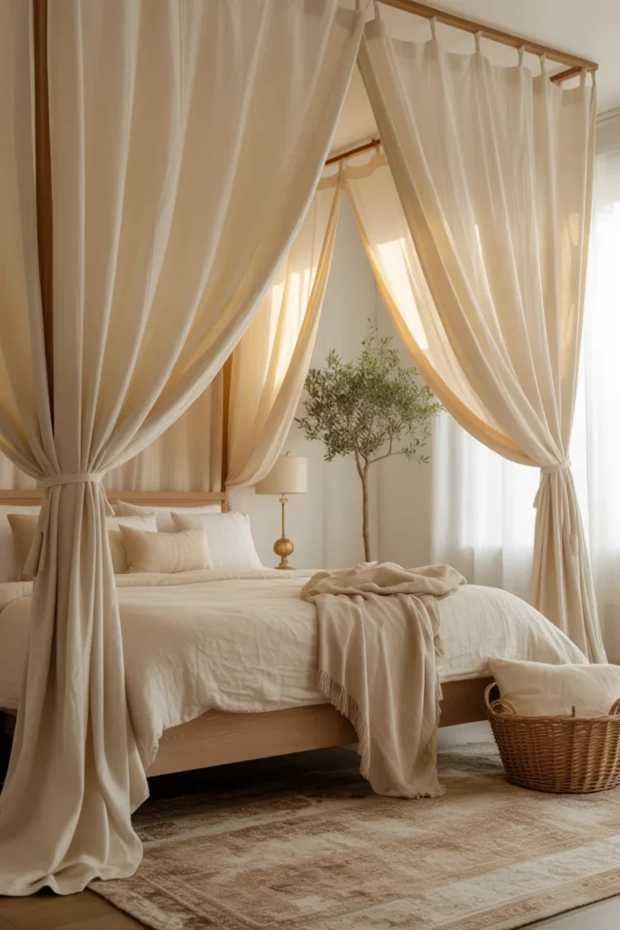 Romantic modern farmhouse bedroom with cream canopy curtains around a wood bed, soft golden morning light, warm ivory, beige, and honey palette, linen bedding, cotton drapes, vintage rug, brass lamp, small olive tree, woven basket, peaceful airy mood, wide eye-level shot, layered curtains framing the bed with soft shadows and open spacing.