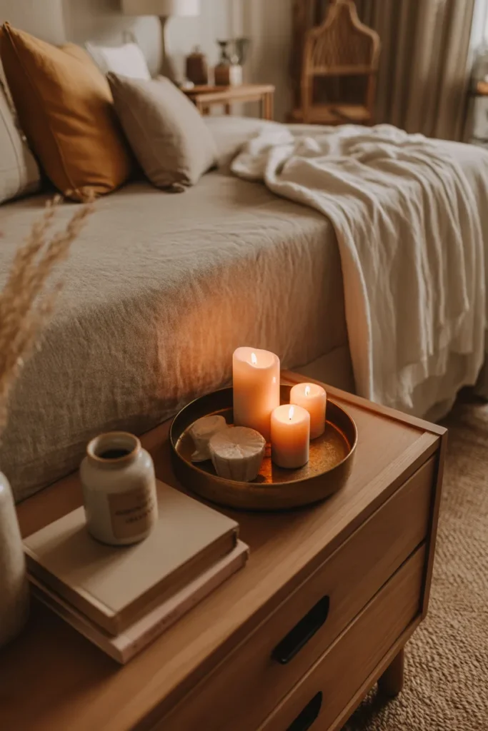 Cozy minimalist bedroom with candlelit tray styling on a wooden dresser, warm evening glow, earthy beige, amber, brown, and cream palette, linen bedding in the background, ceramic candles, small vase, stacked books, glass jar, woven rug, relaxing intimate mood, close styled corner camera angle, layered foreground decor with soft shadows.