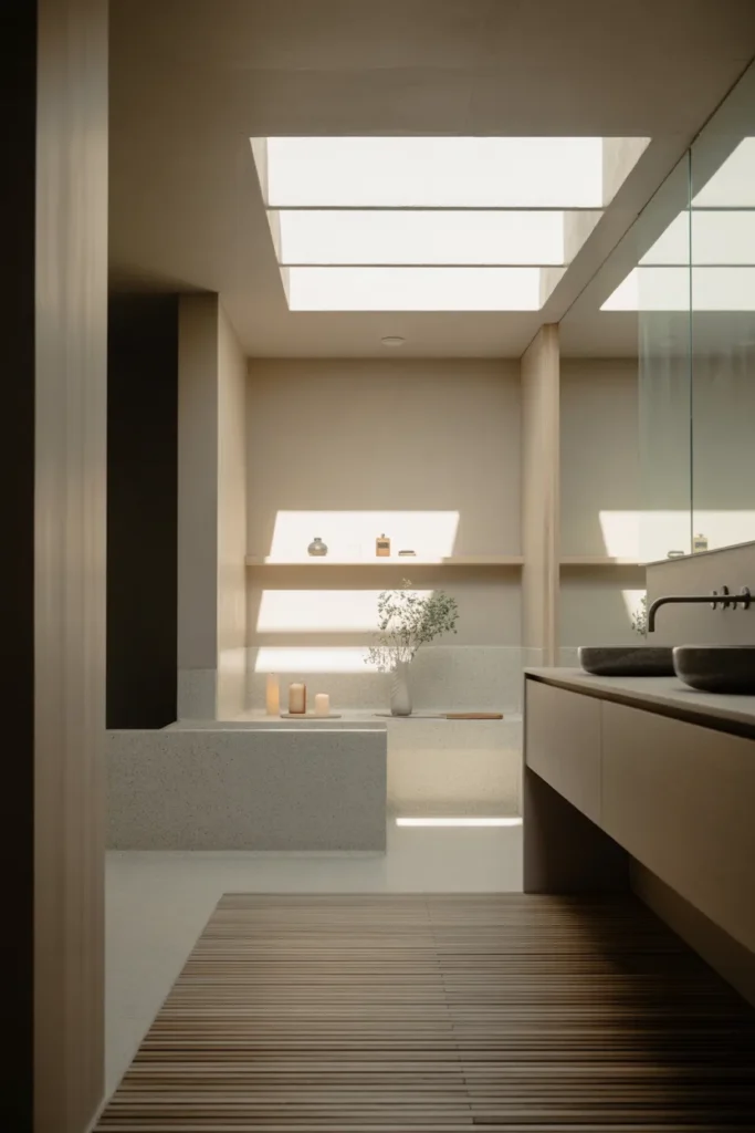 A minimalist Japandi-style bathroom combining the best of Japanese simplicity and Scandinavian functionality. Soft diffused light pours in from a skylight, casting gentle shadows across a light wood-paneled floor. The color palette features neutral tones with accents of black and light wood. A freestanding tub sits next to a simple stone wall, with minimalistic shelves holding a few plants and candles. The camera angle is eye-level, capturing the space’s serene atmosphere and clean lines.