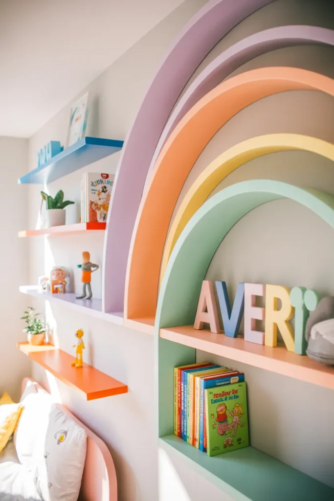 A bright and cheerful kids bedroom with floating pastel rainbow shelves mounted on a soft white wall, styled in a modern playful interior. Natural daylight fills the room with a light and airy feel. Color palette includes soft peach, lavender, mint, and warm white. Shelves are styled with small potted plants, colorful books, toy figures, and decorative letters. Eye-level shot with depth layering, clean spacing between shelves, and a fresh, joyful, Pinterest-worthy mood.