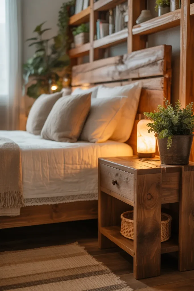 Farmhouse-style bedroom with rustic wooden headboard, side tables, and shelving. Warm ambient glow from a bedside lamp complements natural daylight. Linen bedding, textured rugs, and potted greenery add softness. Eye-level shot showing layered wood textures, cozy atmosphere, and a curated, inviting setup. Warm earthy tones, wood grains, and soft shadows highlight the rustic aesthetic.
