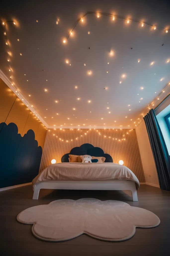 A dreamy luxury kids bedroom ceiling covered in a constellation of warm glowing star lights, styled in a modern whimsical interior. Soft warm ambient light fills the room with a golden and deep navy blue contrast. Color palette includes midnight blue, warm gold, and soft white. A plush cloud-shaped rug sits on the floor below, with a white low-profile bed dressed in soft cotton bedding. Wide shot from below looking upward, capturing depth and a magical night sky mood.