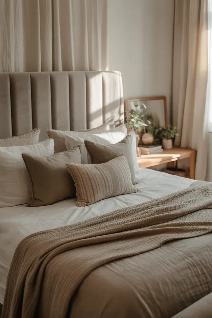 Modern farmhouse bedroom with a large upholstered headboard in soft velvet, framed by neutral linen bedding and layered throw blankets. Warm morning light filters through white curtains, highlighting a wooden side table, small plants, and decorative books. Wide-angle eye-level shot showing the bed as a focal point, textured layers, and a cozy, inviting atmosphere with layered textiles and natural materials.