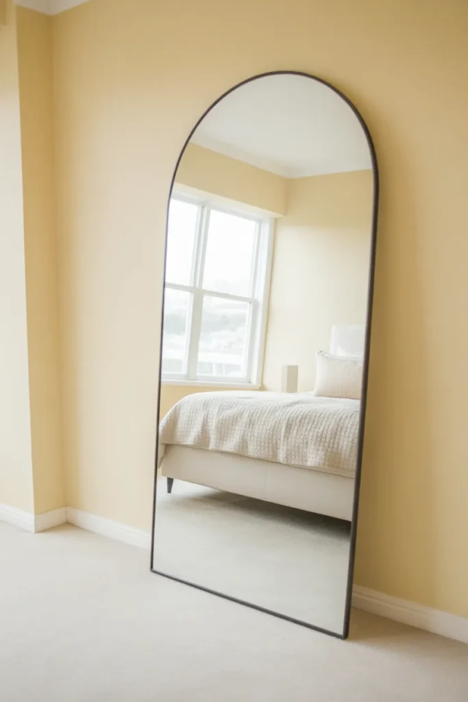 A bright, transitional style bedroom with cream walls and light-colored carpet. A massive, arched floor-length mirror with a thin black metal frame leans against the wall in a corner. The mirror reflects a neatly made bed with white bedding and a large window. Natural morning light, airy atmosphere, eye-level shot showing a sense of expanded space.