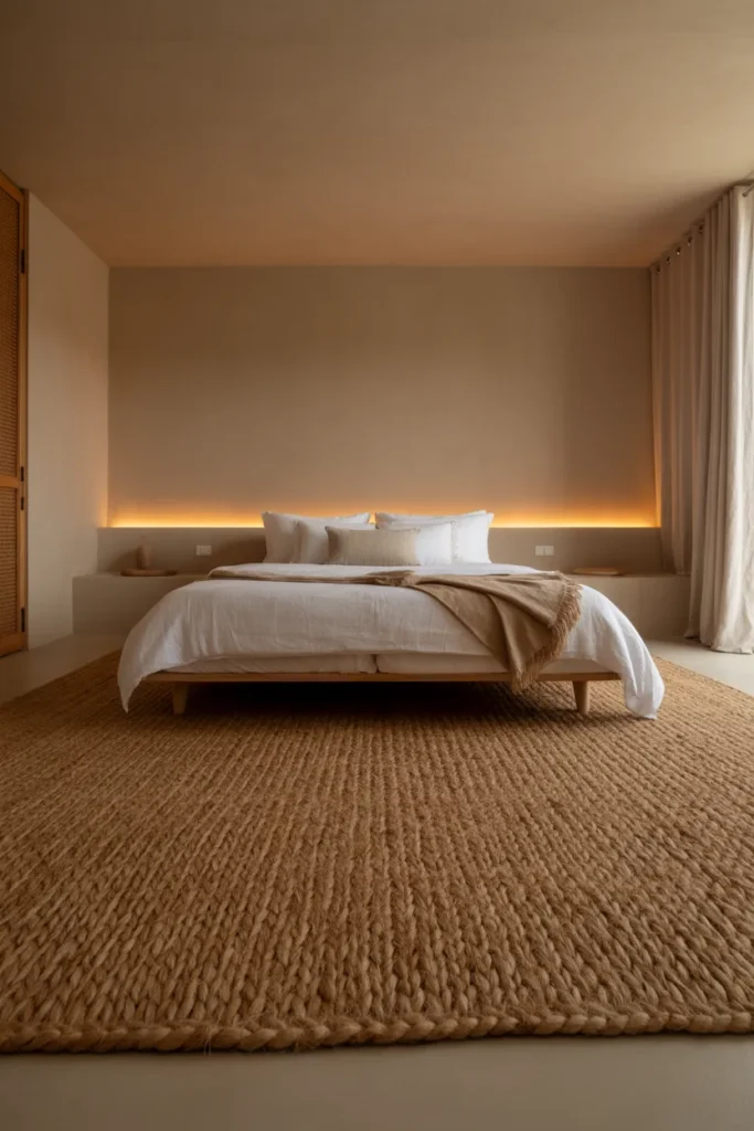 A spacious Japandi-style bedroom with a large, chunky-knit jute rug covering the floor beneath a low-profile wooden bed. Warm ambient glow from hidden LED strips creates a cozy atmosphere against neutral beige walls. The palette is monochrome and earthy, featuring textures of raw hemp and smooth clay. Captured from a wide, low camera angle to emphasize the floor’s expansive and grounding texture.