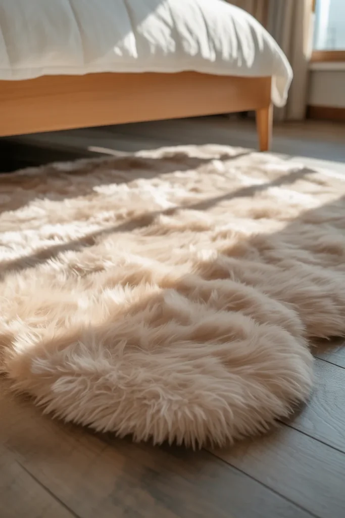 Large neutral-toned area rug under a bed in a lake house bedroom for a cozy feel.