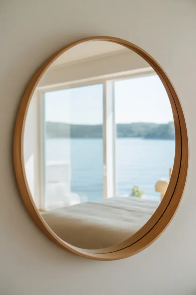 Round wall mirror reflecting a lake view in a bright, modern lake house bedroom.