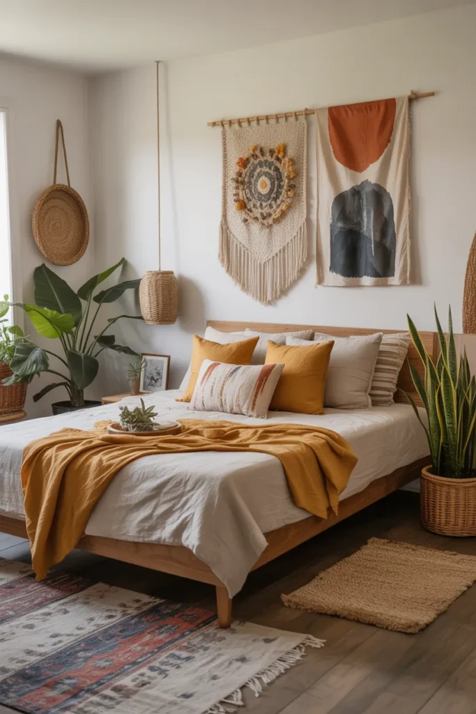 Modern boho bedroom with DIY wall art above a wooden bed with linen bedding. Natural morning light highlights layered rugs, potted plants, and woven baskets. Eye-level wide shot capturing creative wall decor, textured fabrics, and a cozy, Pinterest-ready bedroom. Handmade art adds personality, color, and charm, blending effortlessly with natural materials and inviting atmosphere.