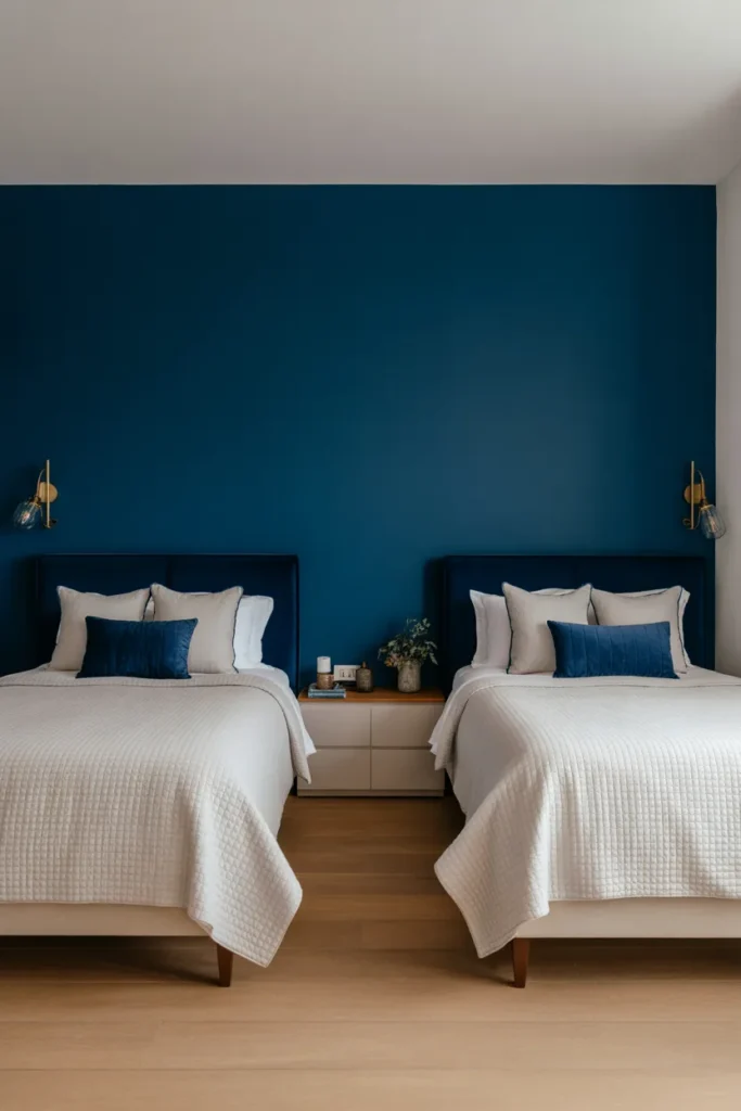 Deep navy blue accent wall behind twin beds with brass sconces creating a dramatic and expensive bedroom look