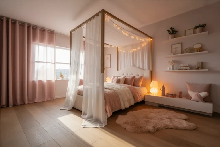Luxury kids bedroom with white gold canopy bed blush pink velvet bedding fairy lights and styled floating shelves