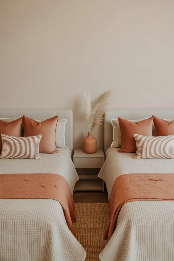 Twin bedroom with neutral cream base and terracotta accent colors on pillows and throws showing cohesive accent color use