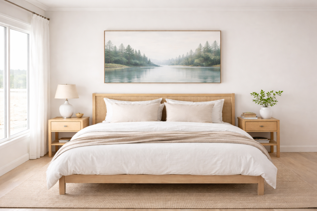 Minimal lake house bedroom with single artwork above the bed, small indoor plant, clean surfaces, and simple peaceful design.